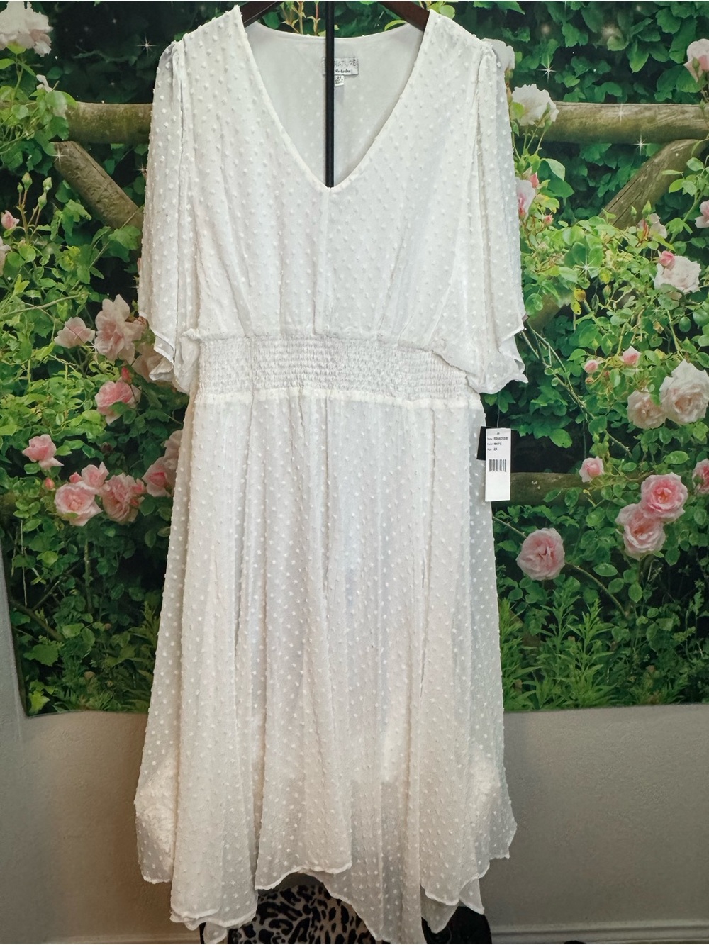 Robbie Bee White Swiss Dot V-Neck Smocked Midi Dress with Flutter Sleeves
